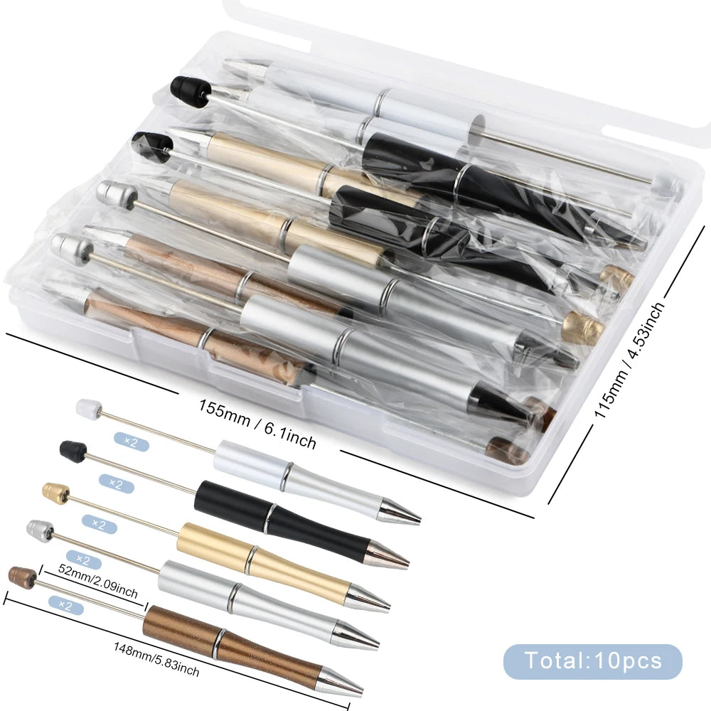 A clear plastic box containing ten DIY beaded ballpoint pen kits with various sizes and finishes.