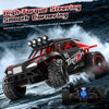 A red and black 1:18 scale off-road RC monster truck driving through snowy terrain.