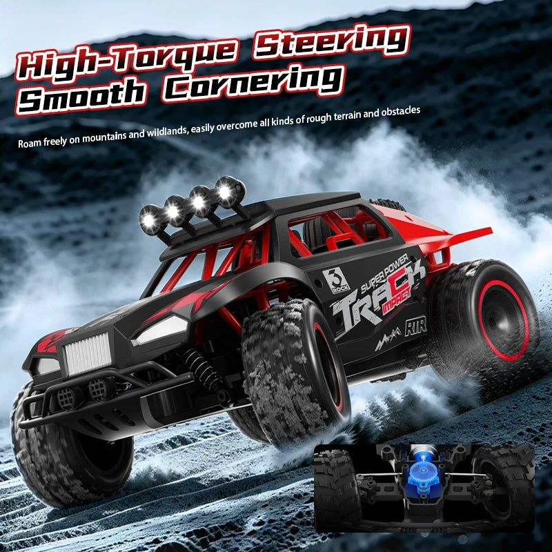 A red and black 1:18 scale off-road RC monster truck driving through snowy terrain.