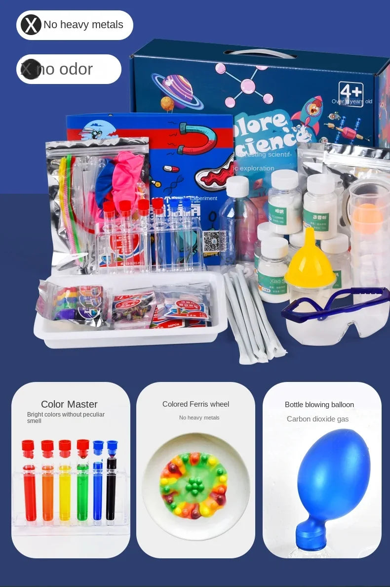 A box and various glass bottles, tubes, and colorful materials for a kids science experiment kit.