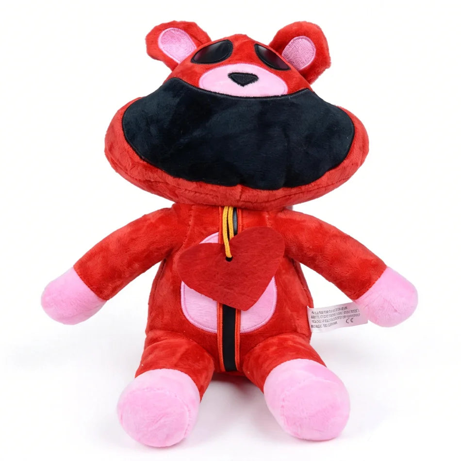 A plush doll of CatNap with red and black fur and large ears.