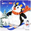 A jigsaw puzzle depicting a penguin wearing a striped hat and sliding on ice.