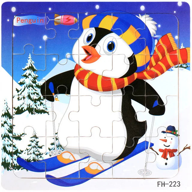 A jigsaw puzzle depicting a penguin wearing a striped hat and sliding on ice.