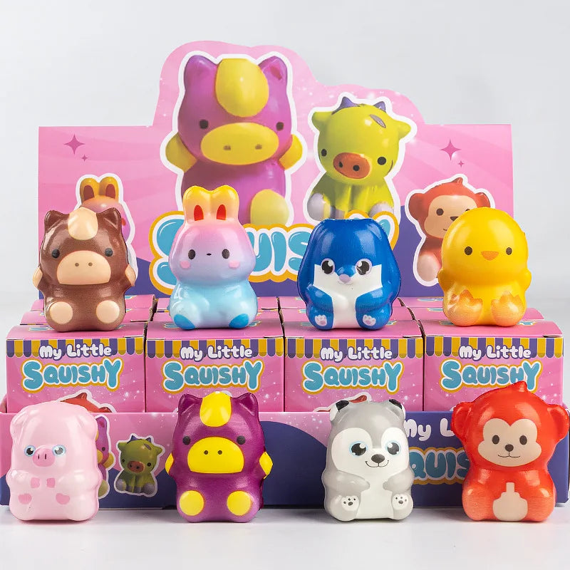 A collection of 12 squishy stress relief toys featuring cute animals and food characters in various colors.