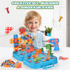 A smiling child is building a dinosaur park using colorful plastic pieces and an electric drill toy set.