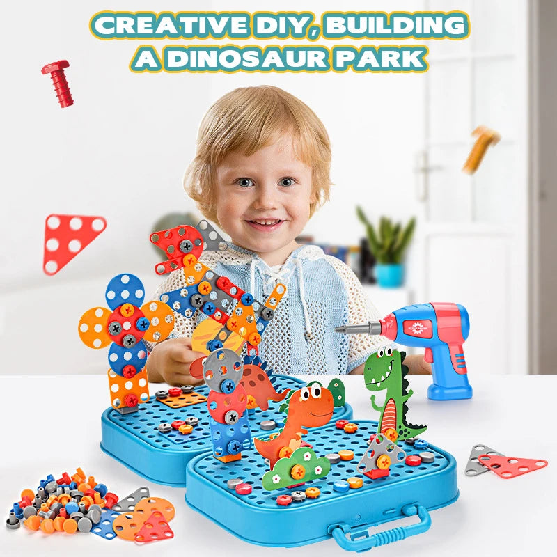 A smiling child is building a dinosaur park using colorful plastic pieces and an electric drill toy set.
