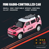 Pink mini radio-controlled car with black accents and 4x4 tires shown against a dark background.