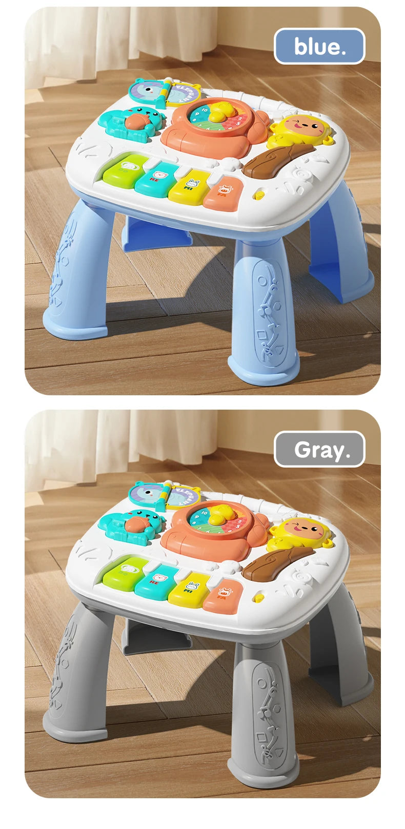 A blue musical baby piano playmat with a light-up keyboard and hanging toys is shown on a wooden floor.