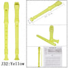 Yellow J32 recorder flute and cleaning stick shown with dimensions.