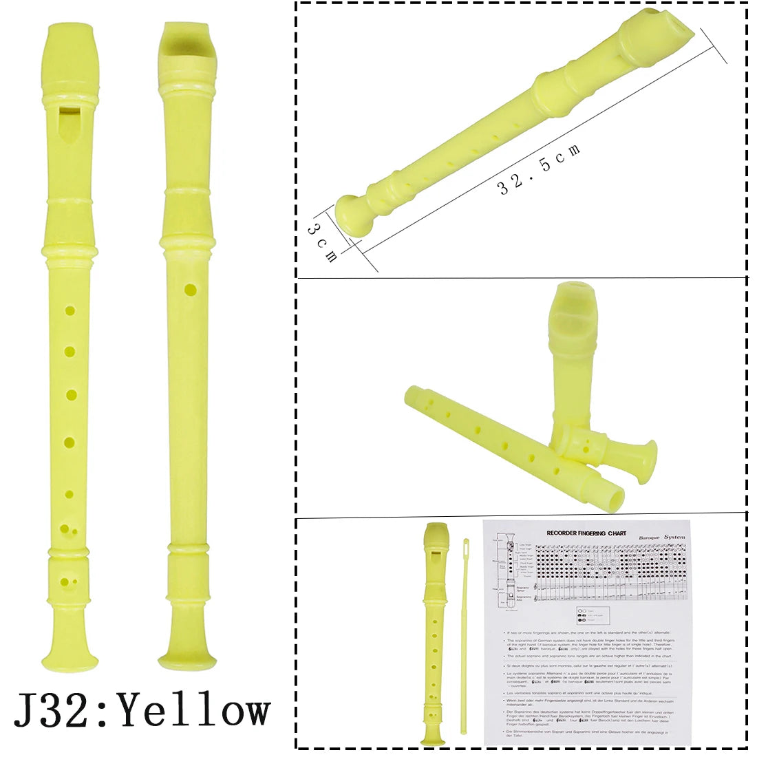 Yellow J32 recorder flute and cleaning stick shown with dimensions.