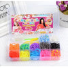 A clear plastic box containing various colored rainbow loom bands for DIY bracelet making.