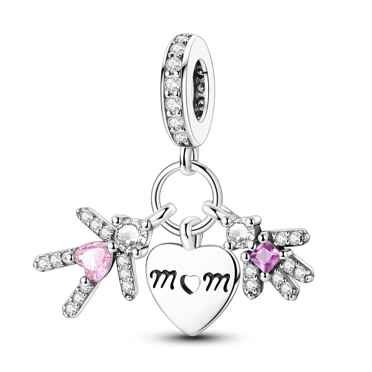 Silver-Plated Heart Charm Bead with Cubic Zirconia for Bracelets and DIY Jewelry