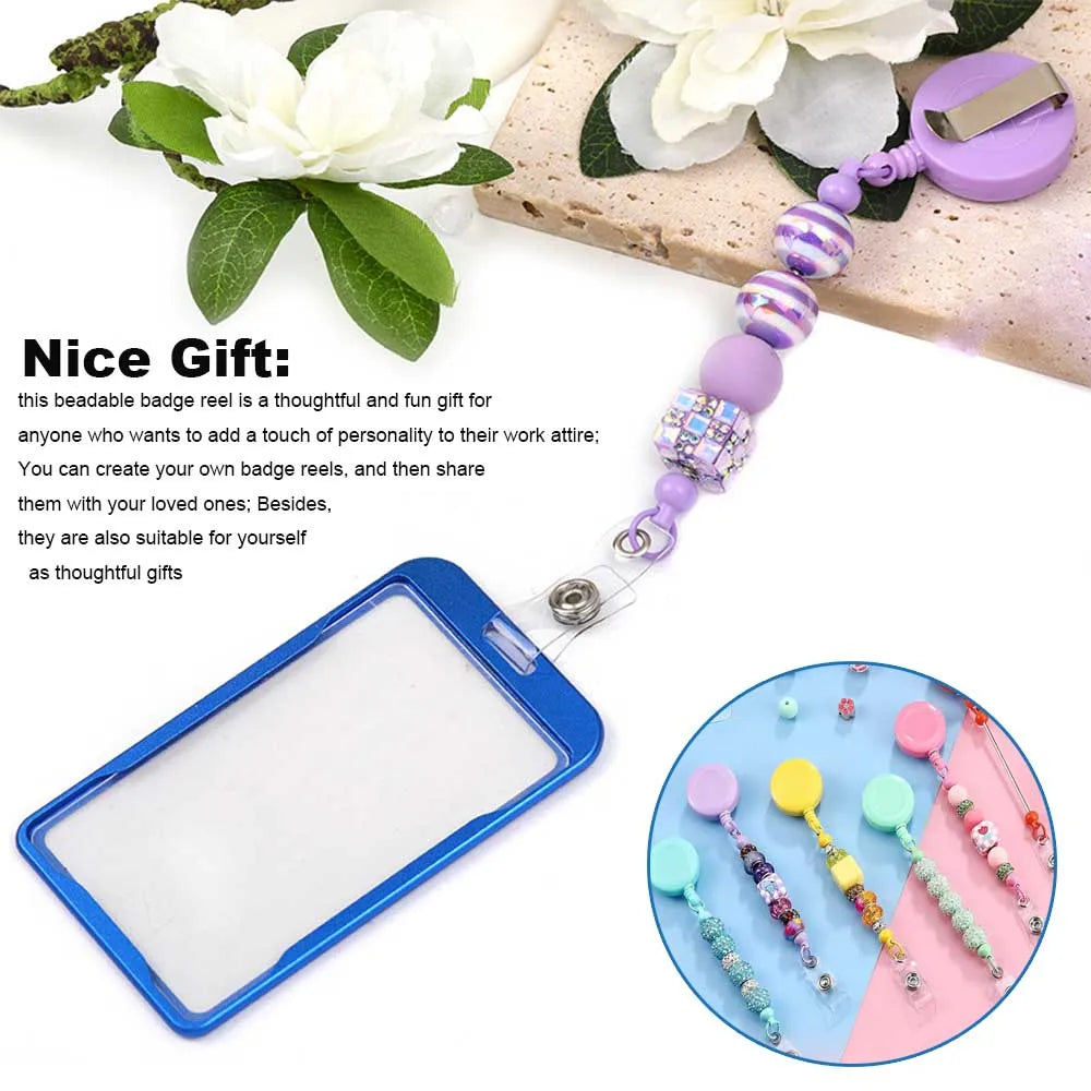 A beadable badge reel with a purple and silver beaded chain and retractable clip, shown next to a clear ID holder.