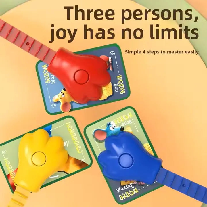 A set of three hands in different colors are shown on game boards for a Cat & Mouse reaction battle board game.