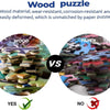 Comparison showing a wooden puzzle piece stack labeled YES and a paper puzzle piece stack labeled NO.