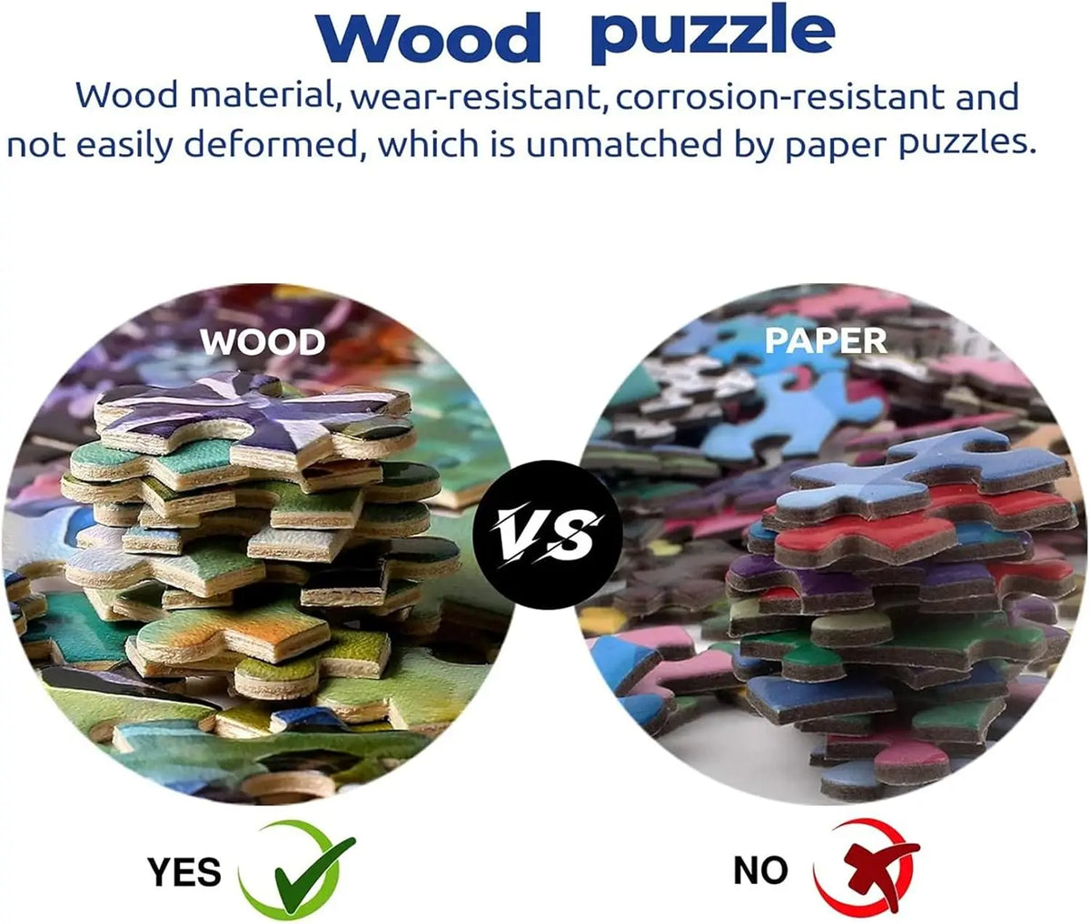 Comparison showing a wooden puzzle piece stack labeled YES and a paper puzzle piece stack labeled NO.
