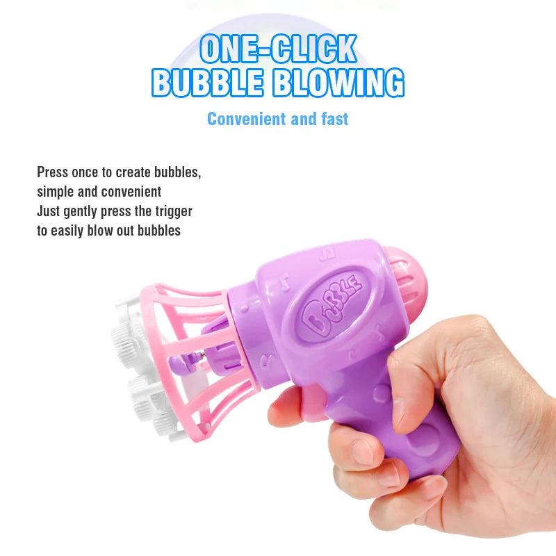 A hand holds a purple automatic bubble gun with pink fan blades, ready to blow bubbles.