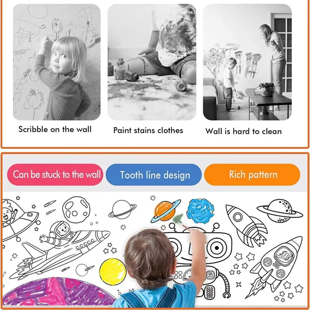 Kids DIY Drawing Scroll featuring various elements like airplanes, planets, and stars for coloring
