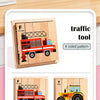 A set of four wooden jigsaw puzzles featuring traffic tools, forest animals, vehicles, marine life, and dinosaurs.