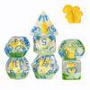 A set of translucent, mushroom-shaped polyhedral dice in yellow and blue colors.