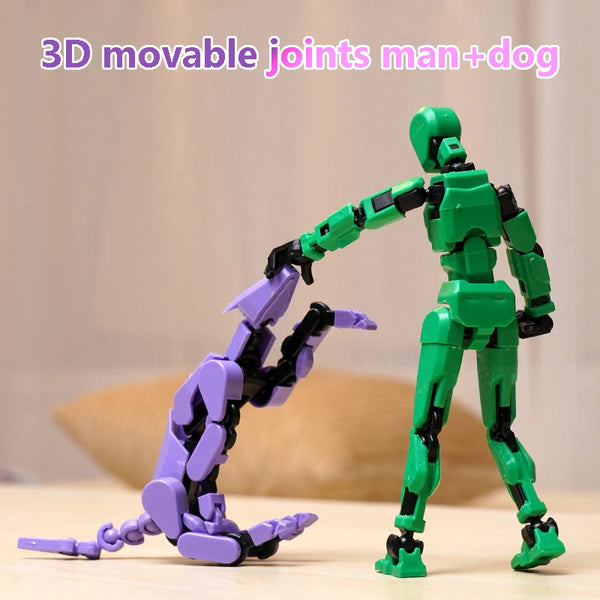 A green and purple 3D movable joints man and dog figure standing on a wooden surface.