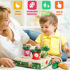 A toddler plays with a soft, washable carrot pull toy for sensory learning alongside a mother.