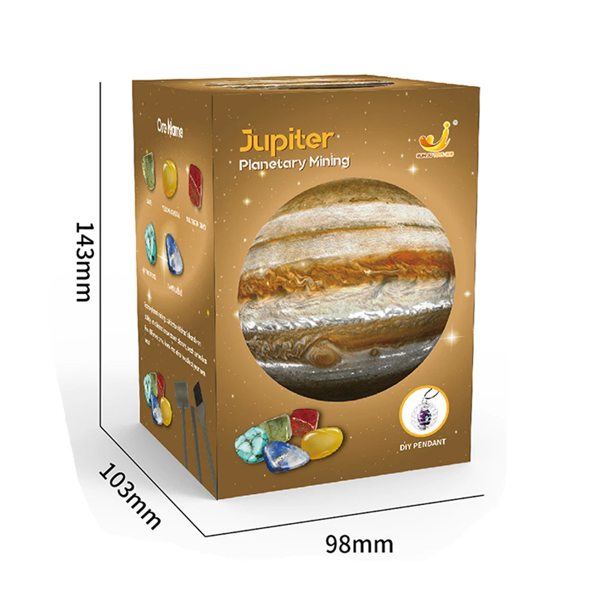 A box for a Jupiter Planetary Mining kit containing various gemstone-like planets and tools.