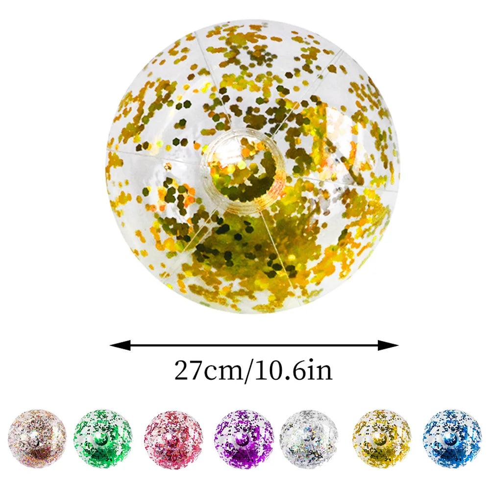 A collection of colorful sequined PVC inflatable beach balls in various shades and glitter finishes.