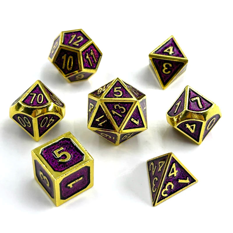 A collection of polyhedral dice in a multicolor gold finish, including dodecahedron and tetrahedron shapes.