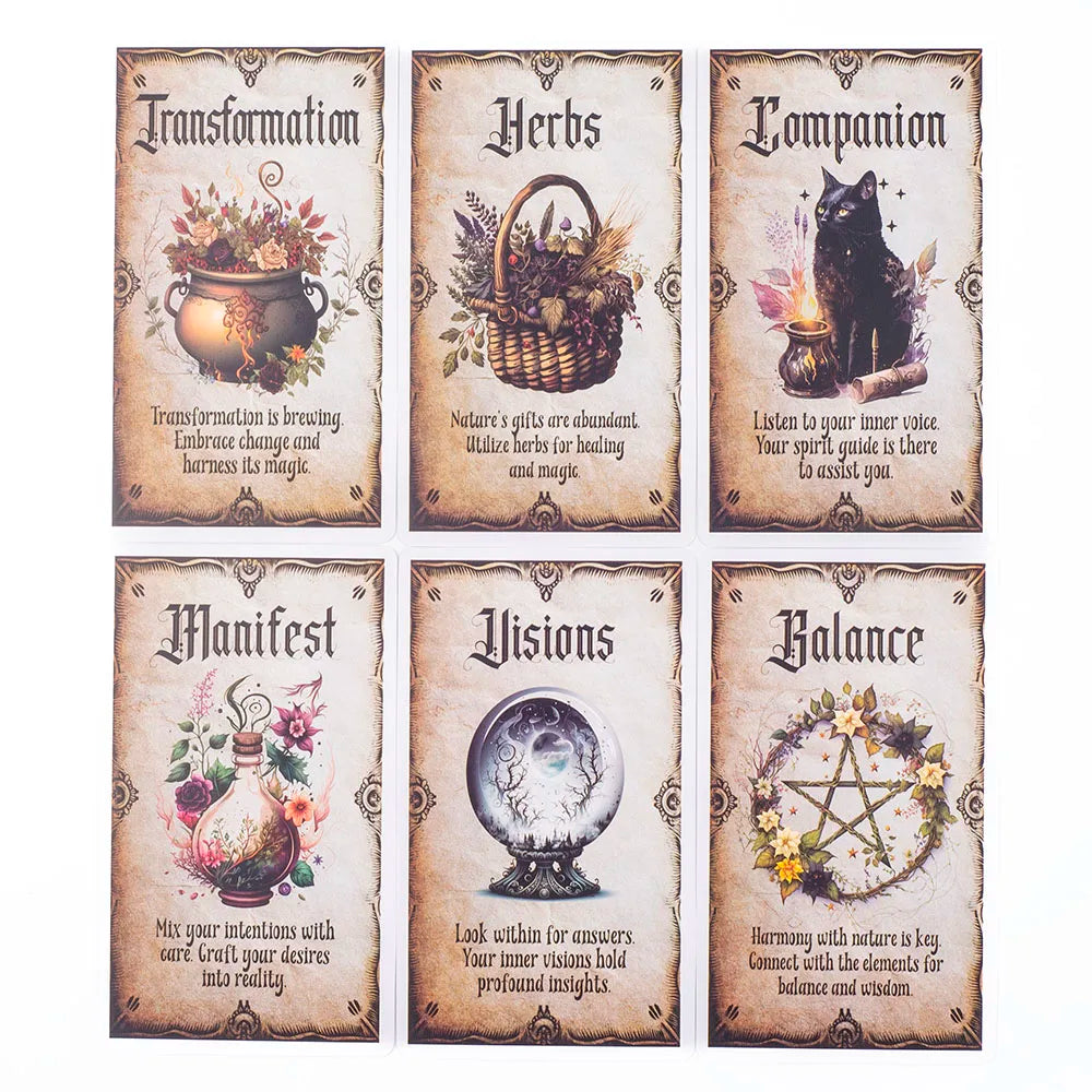 A set of eight tarot-style oracle cards featuring themes like Transformation, Herbs, Compassion, Manifest, Visions, and Balan
