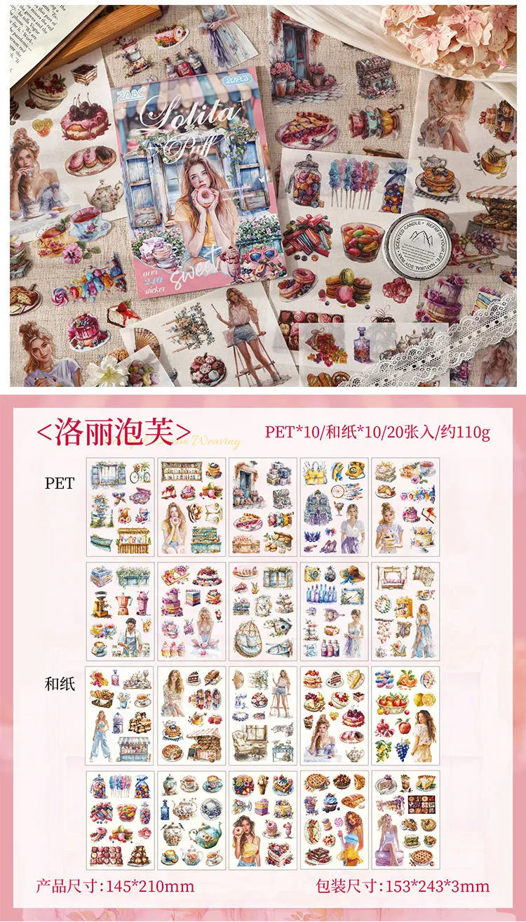 A collection of vintage lifestyle stickers featuring retro scenes and elegant female designs in various styles.