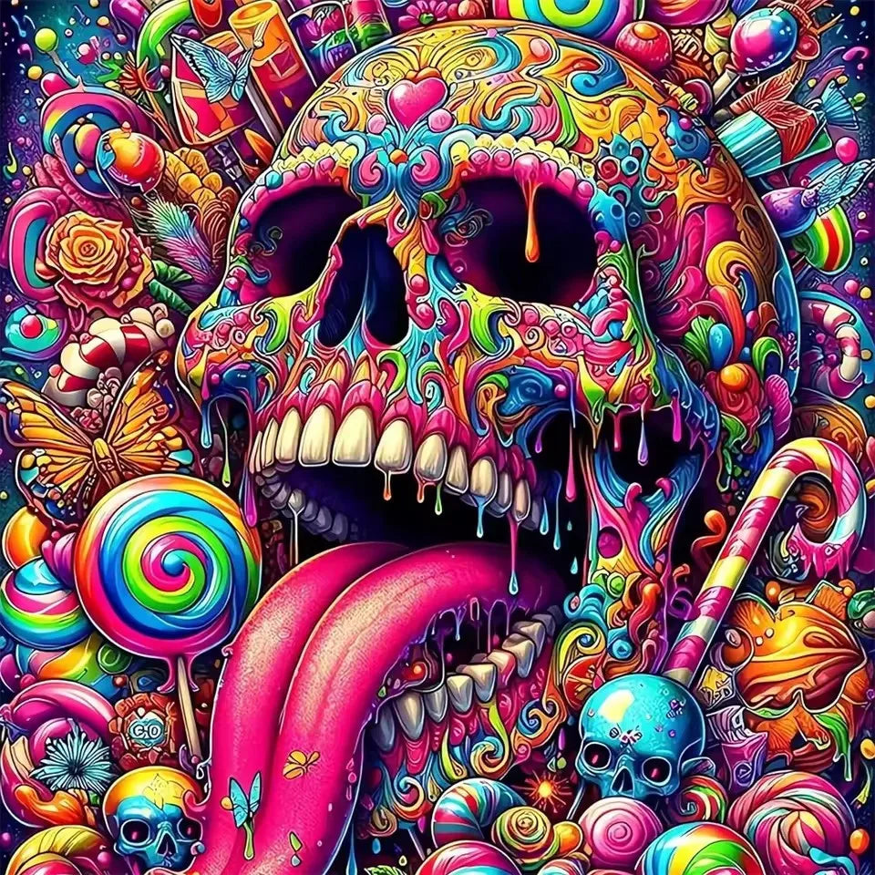 Vibrant, colorful paint by numbers kit featuring a detailed skull landscape design.