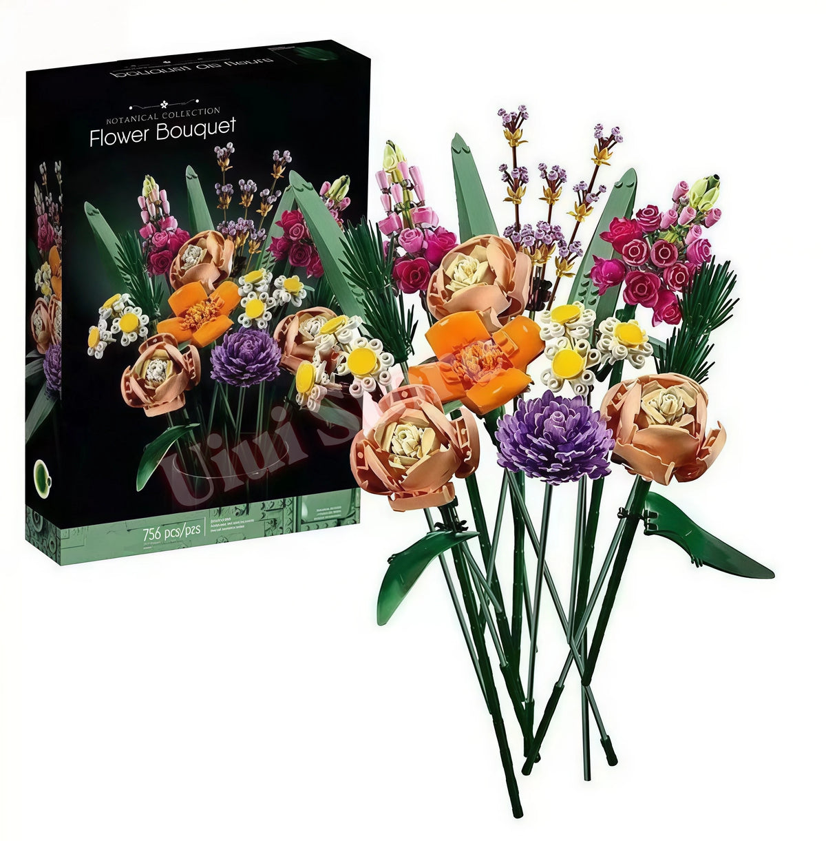 A box of Everlasting Flower Building Block Bouquet Set featuring various dried and preserved flowers in shades of pink, purpl