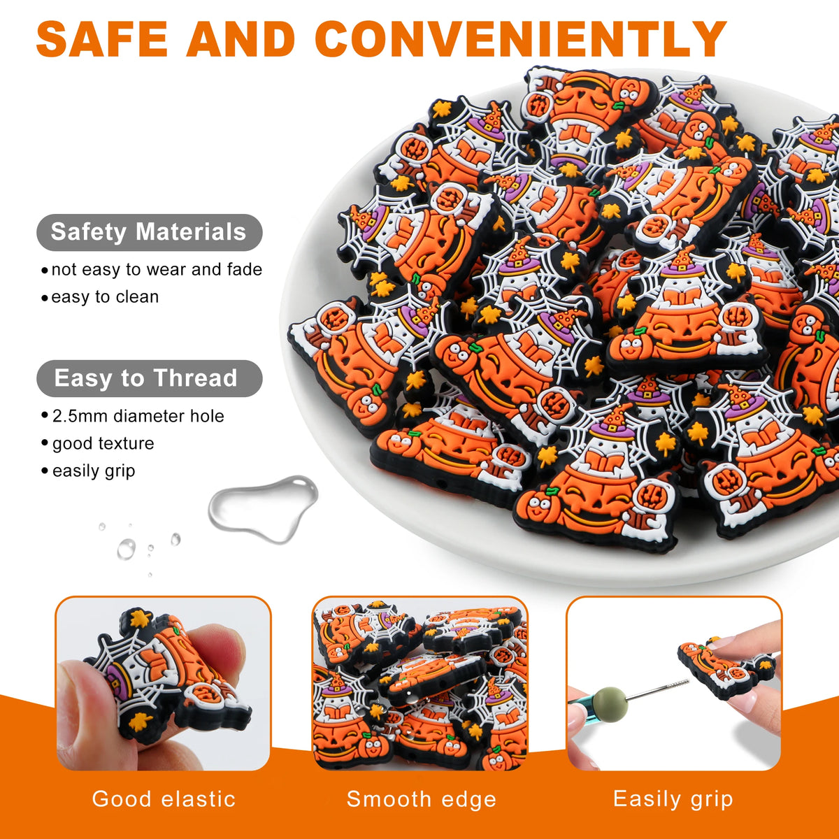 A collection of orange and black silicone beads shaped like tigers for jewelry making with various grips and smooth edges