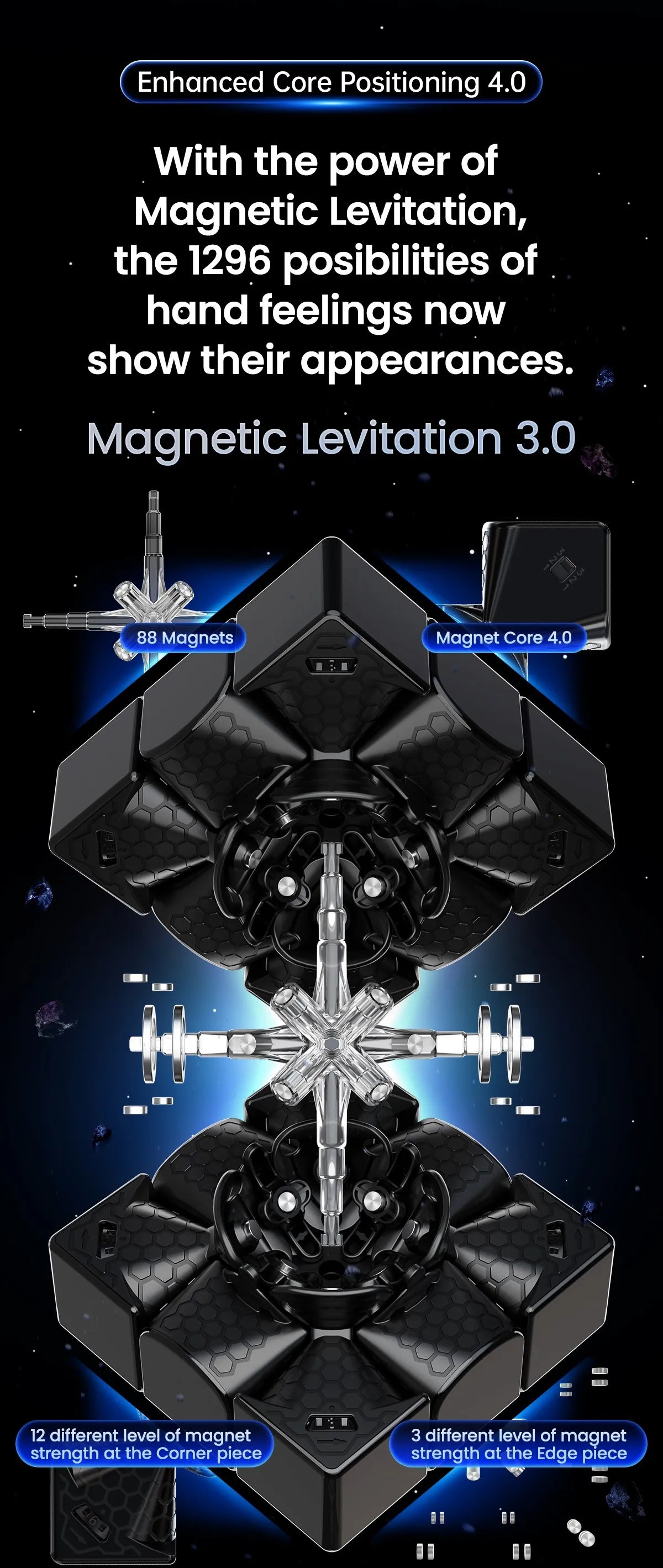 A black magnetic puzzle cube demonstrating Magnetic Levitation 3.0 with various magnet configurations.