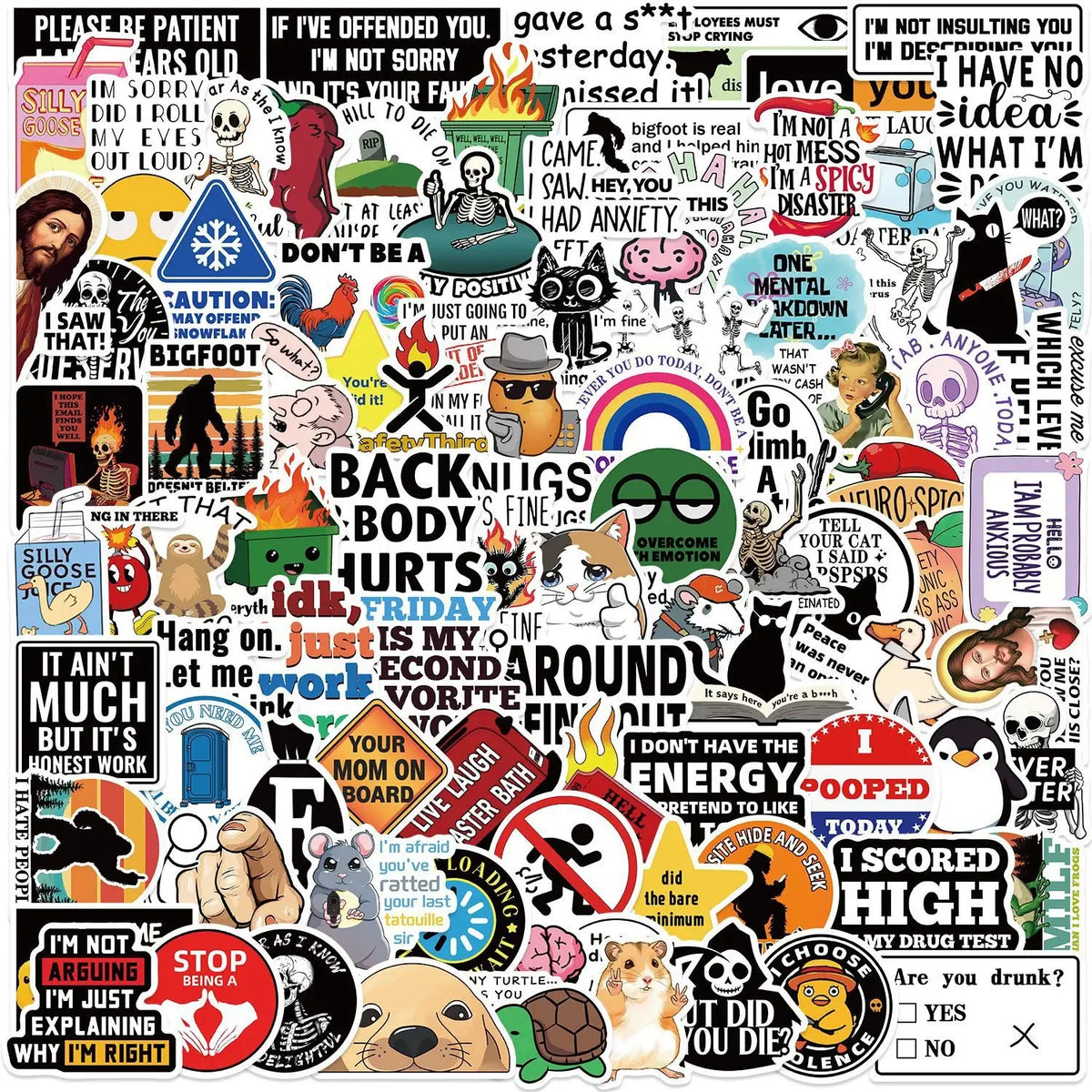 A collection of funny meme stickers featuring various text and graphics for laptops, skateboards, and more