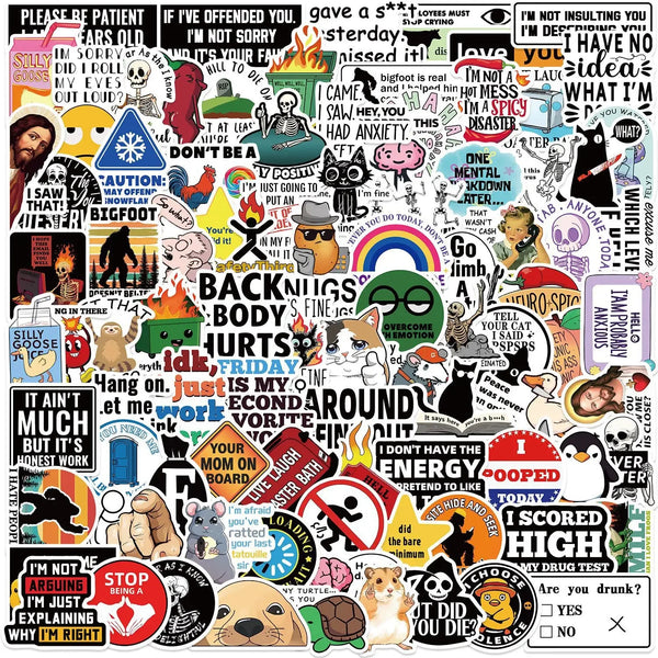 Eine Sammlung lustiger Meme-Aufkleber mit Texten und Grafiken für Laptops, Skateboards und mehr