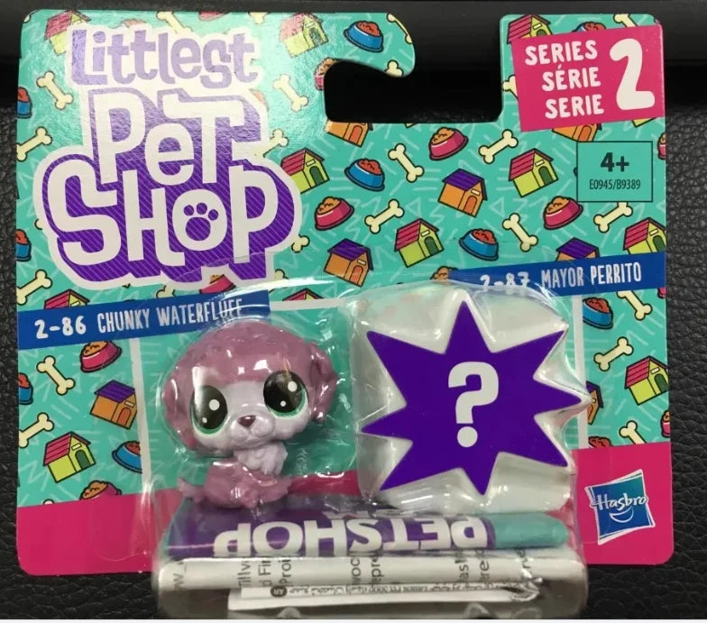 A package of Littlest Pet Shop figures, including a purple and white animal figure, is displayed against a colorful backgroun
