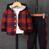 A red and black plaid fleece-lined hooded two-piece set for a toddler boy displayed on a hanger.