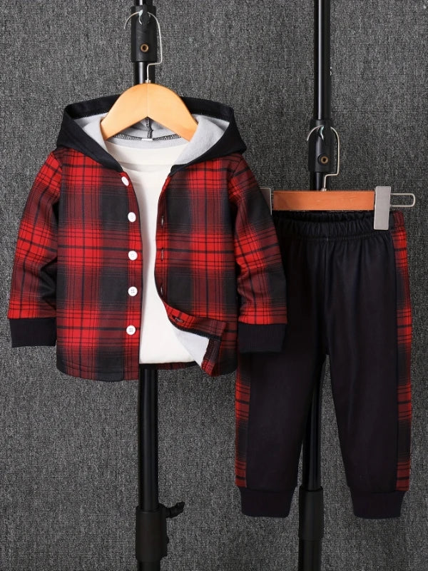 A red and black plaid fleece-lined hooded two-piece set for a toddler boy displayed on a hanger.