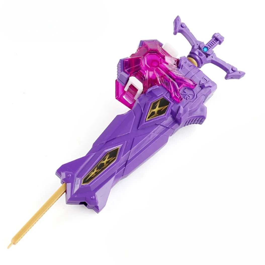 A purple and pink burst-style spinning top launcher for kids with a wooden stick.
