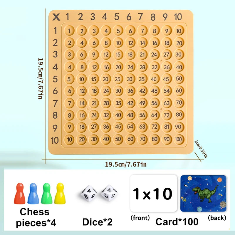 Multiplication Math Board Game featuring 100 cards, 4 chess pieces, and 2 dice.