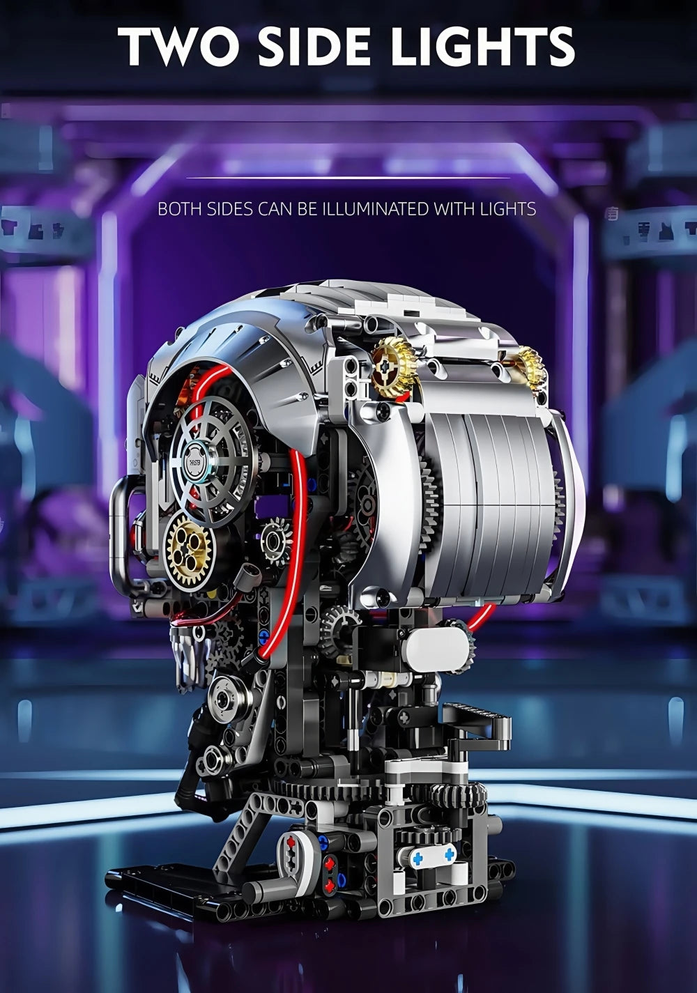 A detailed mechanical skeleton head building kit with intricate gears and components, illuminated by two side lights.