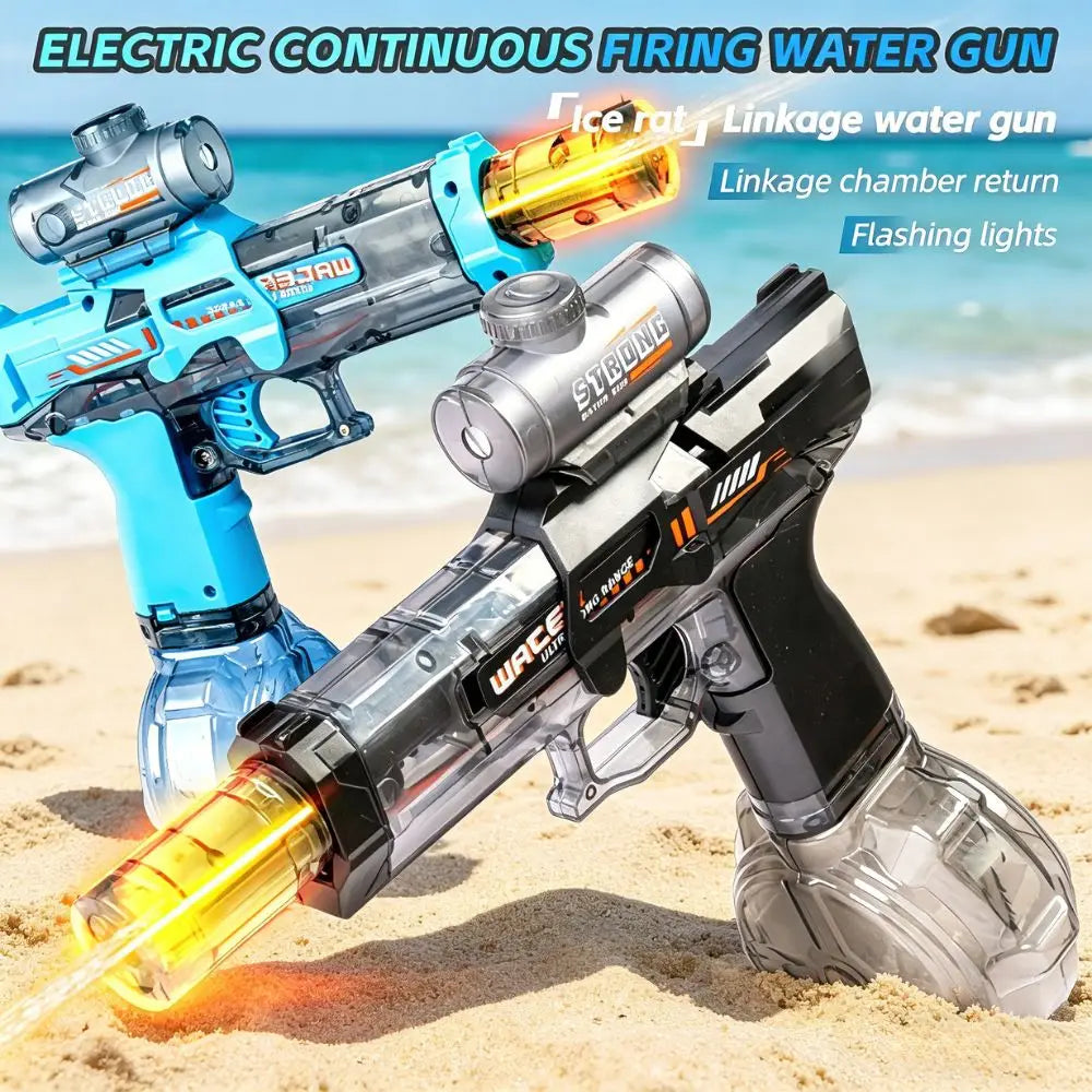 A blue and black electric water gun is shown firing a yellow stream on a sandy beach.
