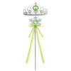 A silver and green crown playset with a large emerald-green gemstone and a light green ribbon streamer.