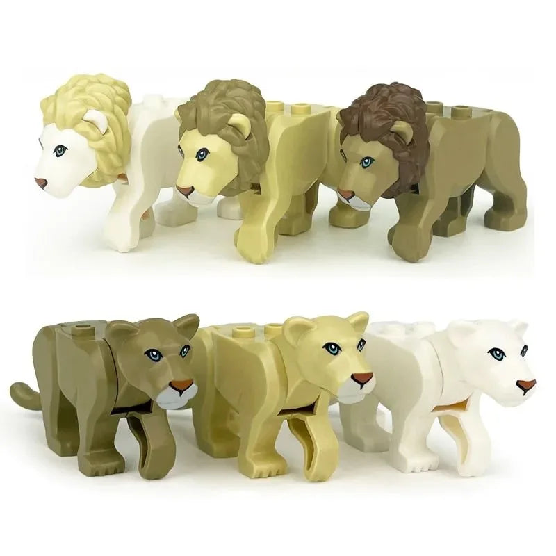A set of six lion and tiger animal building blocks in various earthy tones and white.