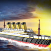 A model of the Titanic ice ship is shown sailing on water under a dramatic sunset sky.