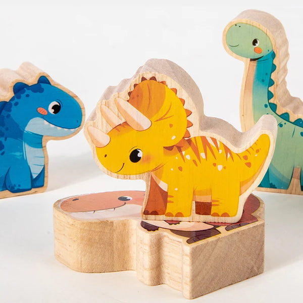 Puinen dinosauruksen pinoamislelu, jossa keltainen ja vihreä dinosaurus.