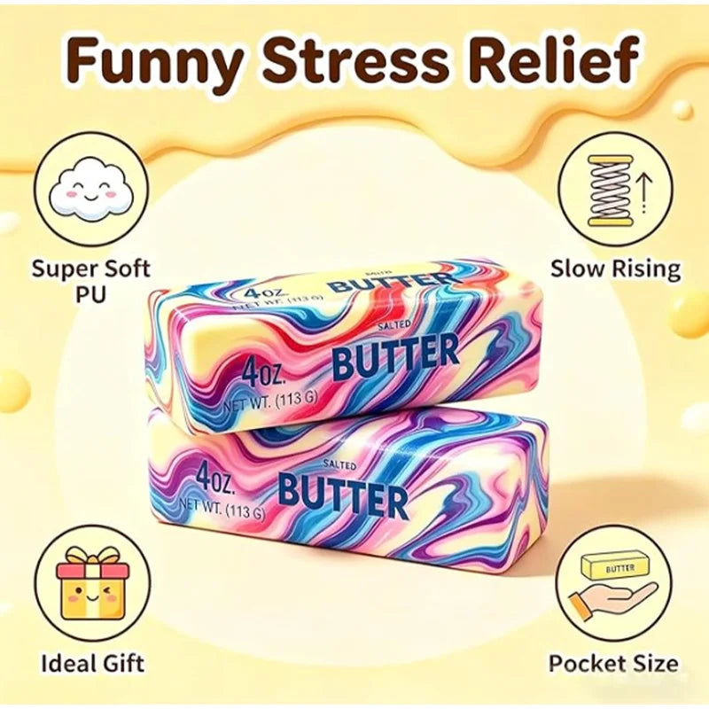 Two colorful butter squishy toys are shown with labels indicating they are for funny stress relief and come in a pocket size.
