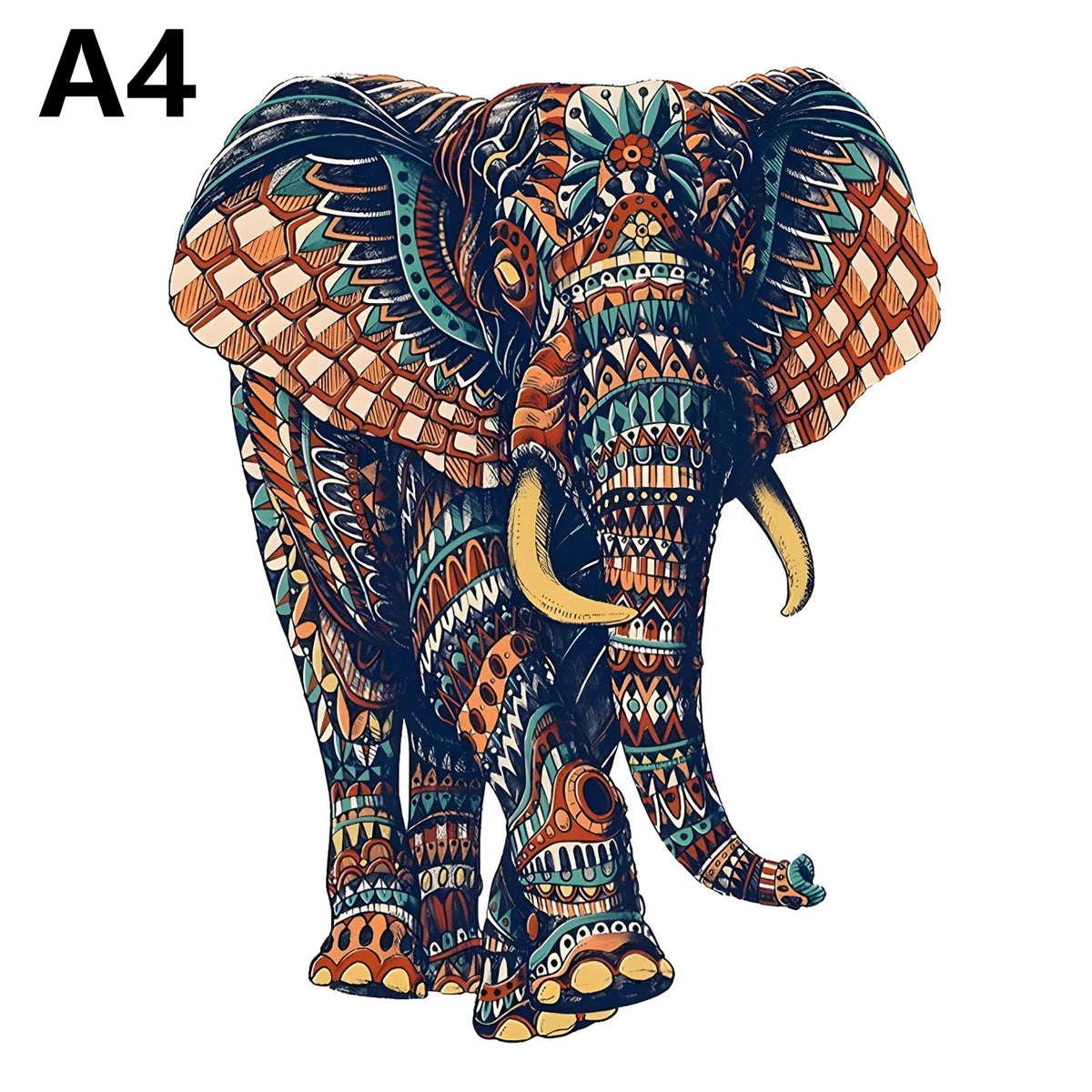 A detailed illustration of an elephant in a mosaic pattern, designed as a wooden puzzle.